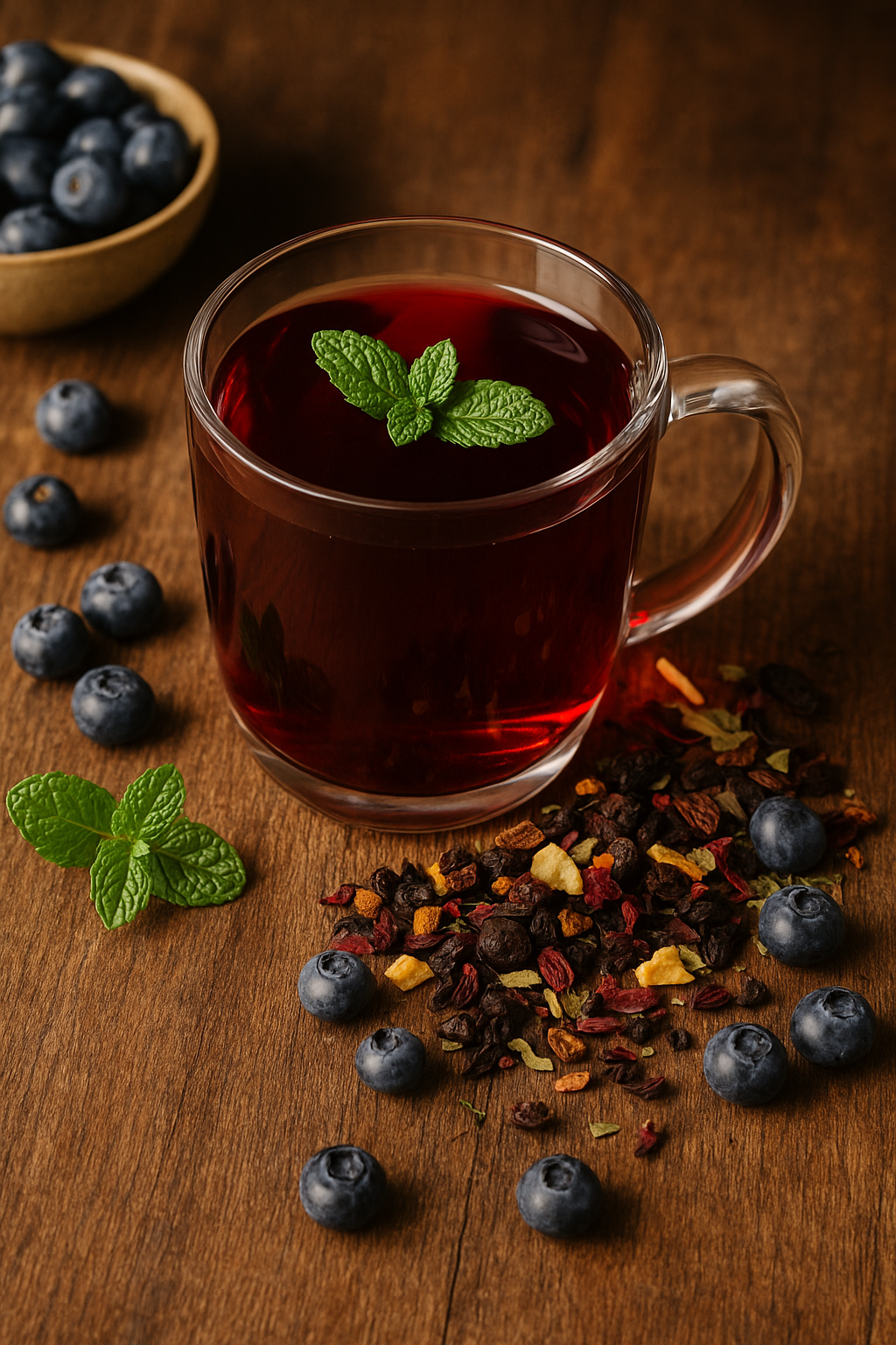 Glas mit tiefrot-violettem Blaubeer-Minze Bio-Tee auf Holzuntergrund, daneben frische Minzblätter, Heidelbeeren und getrocknete Teemischung – fruchtig-frischer Genuss in Bio-Qualität.