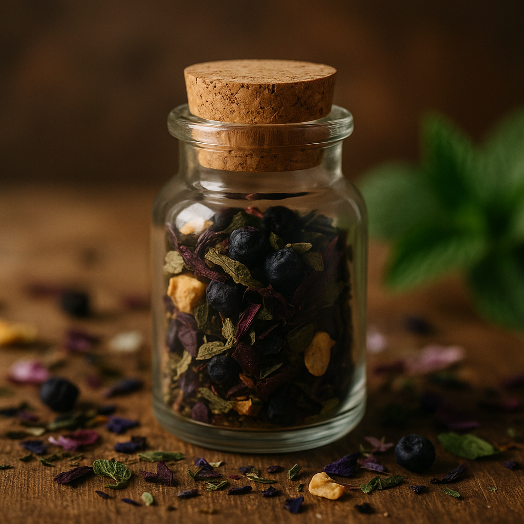 Kleines Glas mit Korken, gefüllt mit fruchtig-minziger Bio-Teemischung aus Heidelbeeren, Minzblättern und Hibiskus – dekorative Teeprobe mit erfrischender Note.