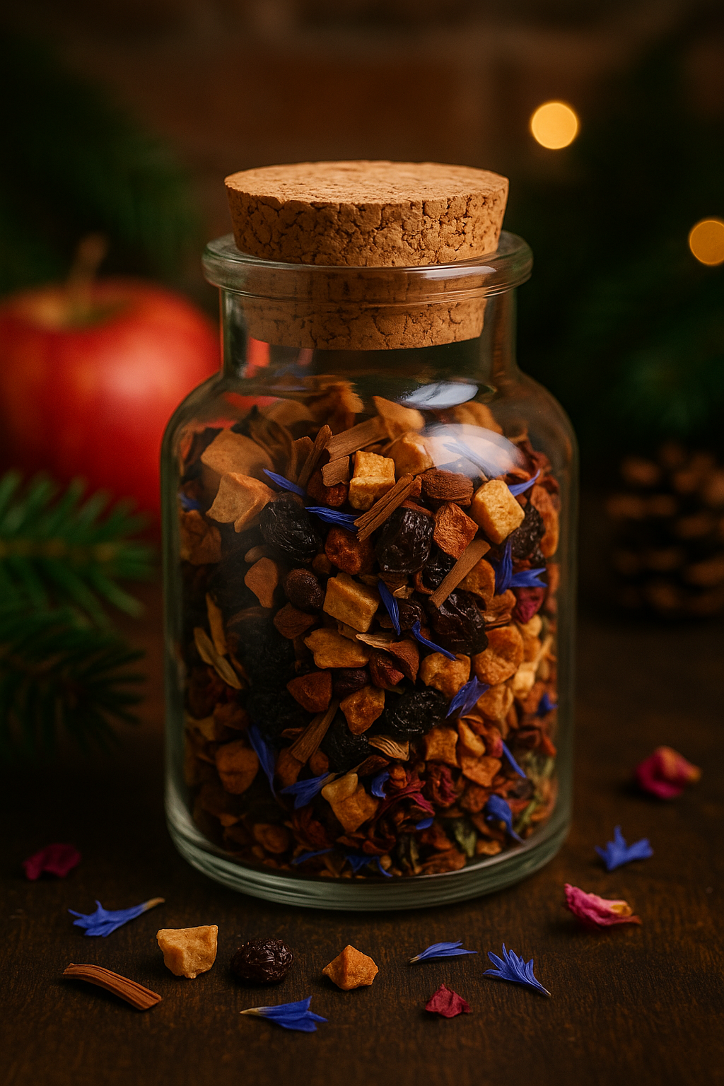 Bratapfel Bio-Tee im Probenglas mit Korken – weihnachtliche Teemischung aus Apfelstücken, Zimt, Weinbeeren, Hibiskusblüten, Kornblumenblüten und Vanille auf rustikalem Holztisch, dekoriert mit Apfel, Tannenzweig und warmen Lichtern im Hintergrund.