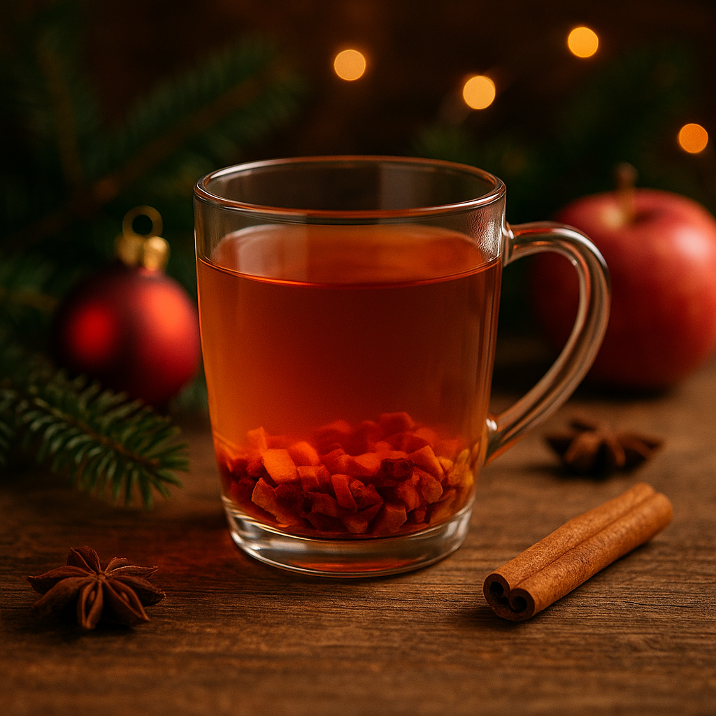 Bratapfel Bio-Tee im Glas – aromatischer Früchtetee mit Apfelstücken, Zimt und Vanille auf rustikalem Holztisch, weihnachtlich dekoriert mit Tannenzweig, Sternanis und roten Christbaumkugeln, warm beleuchtet für festliche Stimmung.