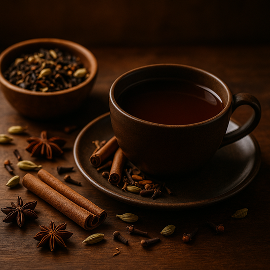 Tasse mit dunklem, klaren Chai Bio-Tee auf Holzuntergrund, umgeben von Zimtstangen, Kardamom, Ingwer und losem Schwarztee – würzige Teespezialität ohne Milchschaum in Bio-Qualität.
