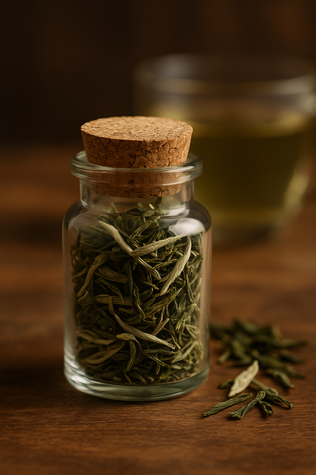 Kleines Glas mit Korkverschluss, gefüllt mit grober, hellgrüner Bio-Teemischung aus Mao Feng Weißtee – edle Teeprobe mit floralen Nuancen und silbrigen Tips.
