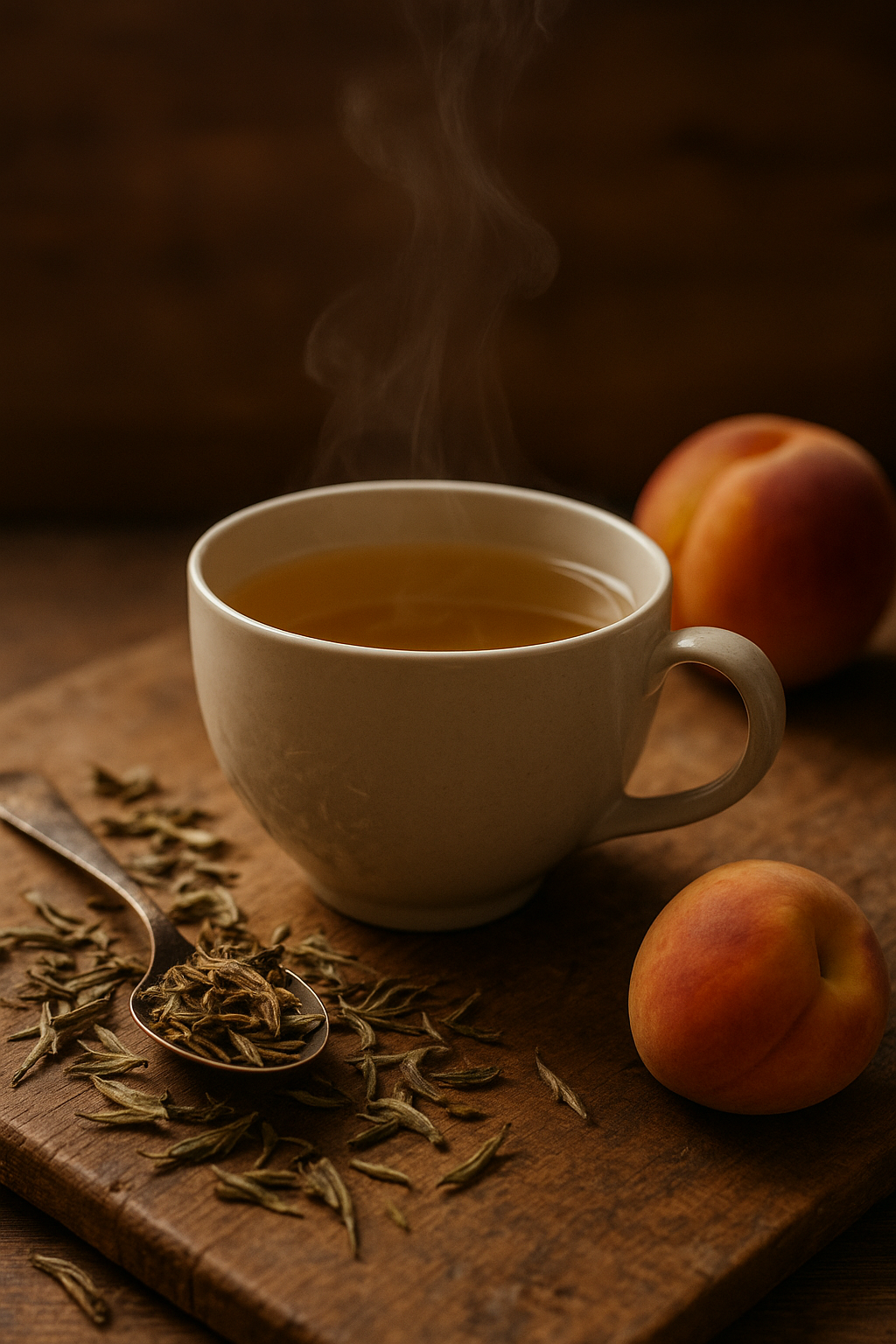 Tasse mit blass-goldenem Pai Mu Tan Bio-Tee auf hellen Naturmaterialien, daneben lose weiße Teeblätter mit silbrigen Tips – zarter, sonnengetrockneter Tee mit feiner Pfirsichnote.