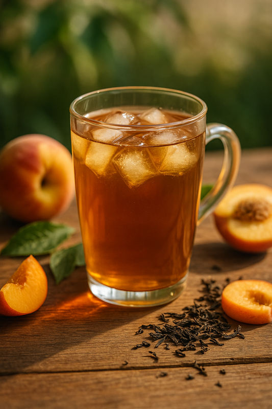 Ein Glas mit kalt aufgegossenem Pfirsich-Bio-Eistee und Eiswürfeln auf einem Holztisch, umgeben von frischen Pfirsichen, Minze und Teeblättern.