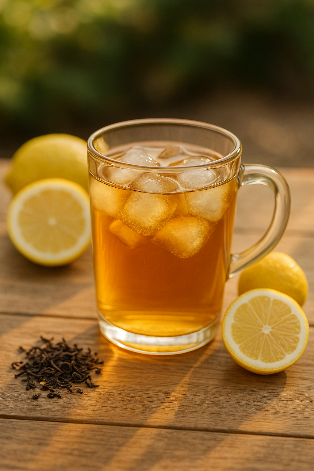 Ein Teeglas mit kalt aufgegossenem Zitronen-Bio-Eistee und Eiswürfeln auf einem Holztisch. Umgeben von frischen Zitronen und Teeblättern im Sonnenlicht.