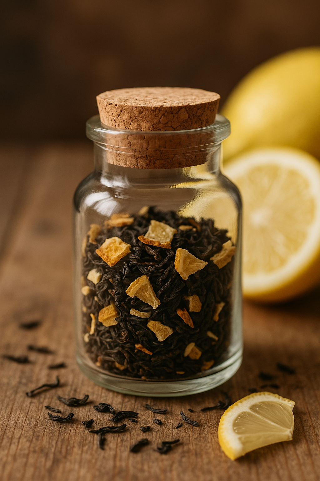 Kleines Glas mit Korken, gefüllt mit schwarzem Bio-Tee und Zitronenschalenstücken. Daneben liegen lose Teeblätter und frische Zitronenscheiben auf einem Holztisch
