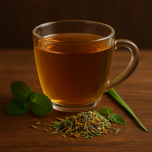 Ein transparentes Teeglas ist mit aufgebrühtem Kräutertee gefüllt, der in einem warmen Bernsteinton leuchtet. Vor dem Glas liegen lose Teekräuter wie Zitronengras, Fenchel, Minzblätter und Kornblumenblüten auf einer rustikalen Holzoberfläche. Frische Minze und ein Zitronengrasstängel ergänzen das natürliche Arrangement, das Ruhe und Wohlbefinden ausstrahlt.