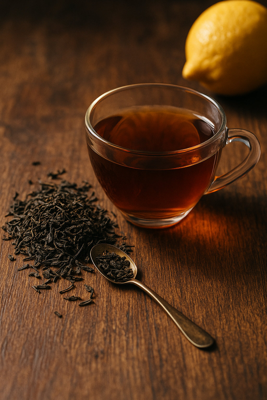 Tasse mit dunklem Earl Grey Bio-Tee auf Untertasse, daneben lose Schwarzteemischung und eine aufgeschnittene Bergamotte – edler Schwarztee mit natürlichem Zitrusaroma.
