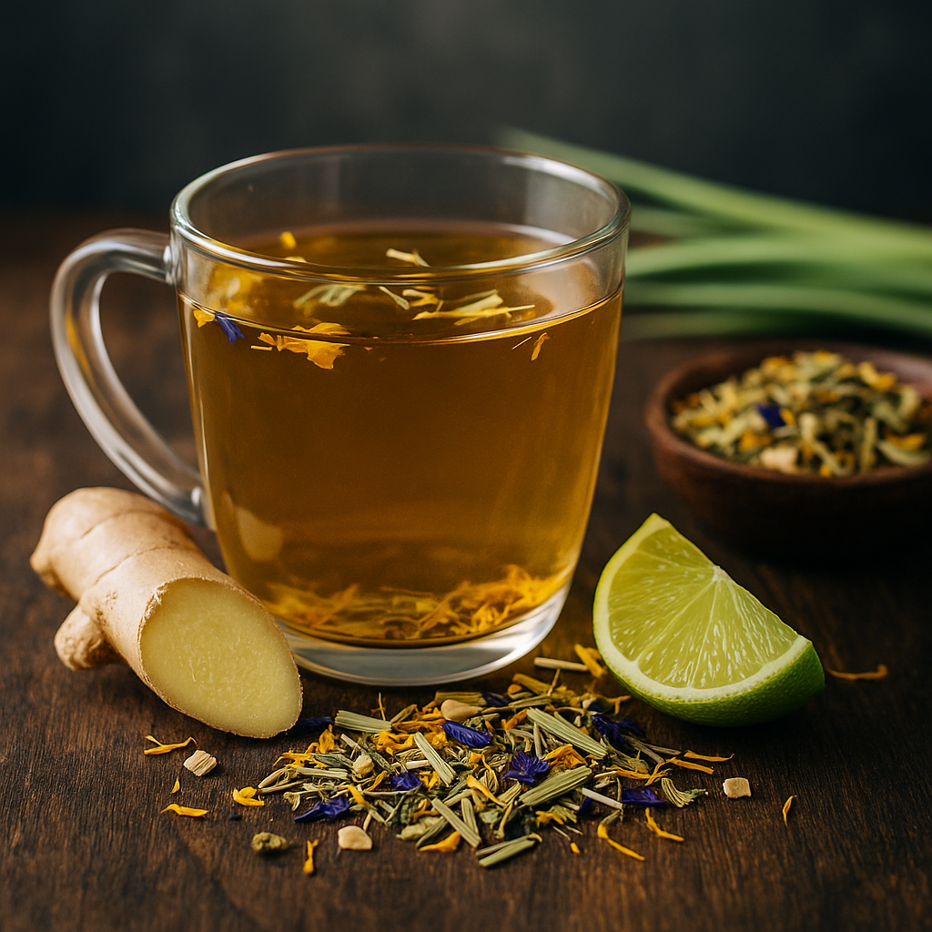 Glas mit goldfarbenem Bio-Kräutertee, umgeben von geschnittenem Ingwer, Limettenstück und getrockneter Teemischung mit Lemongras und Blüten – erfrischender Tee aus natürlichen Zutaten.