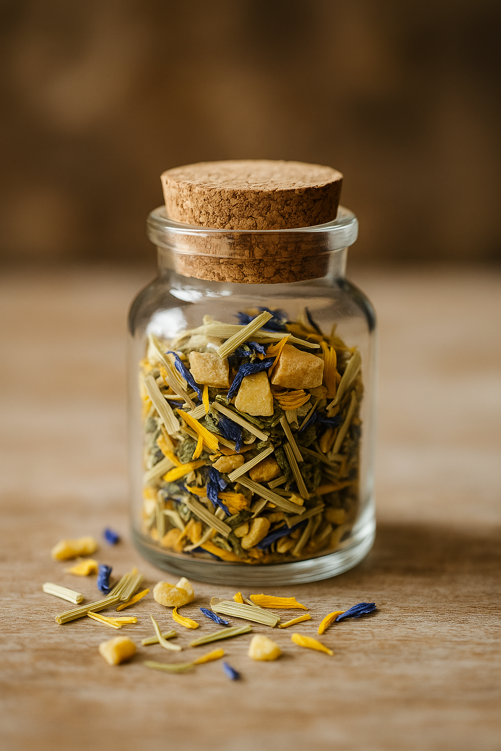 Kleines Glas mit Korken, gefüllt mit bunter Bio-Gewürz- und Kräuterteemischung aus Ingwer, Lemongras und Blütenblättern – dekorative Teeprobe mit erfrischendem Charakter.