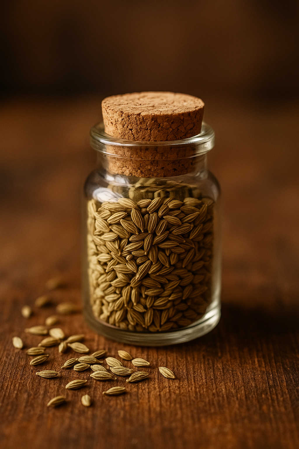 Kleines Glas mit Korkverschluss, gefüllt mit getrockneten Fenchelsamen auf Holzuntergrund – naturbelassene Teeprobe des Fenchel Süß Biotees in dekorativem Gläschen.
