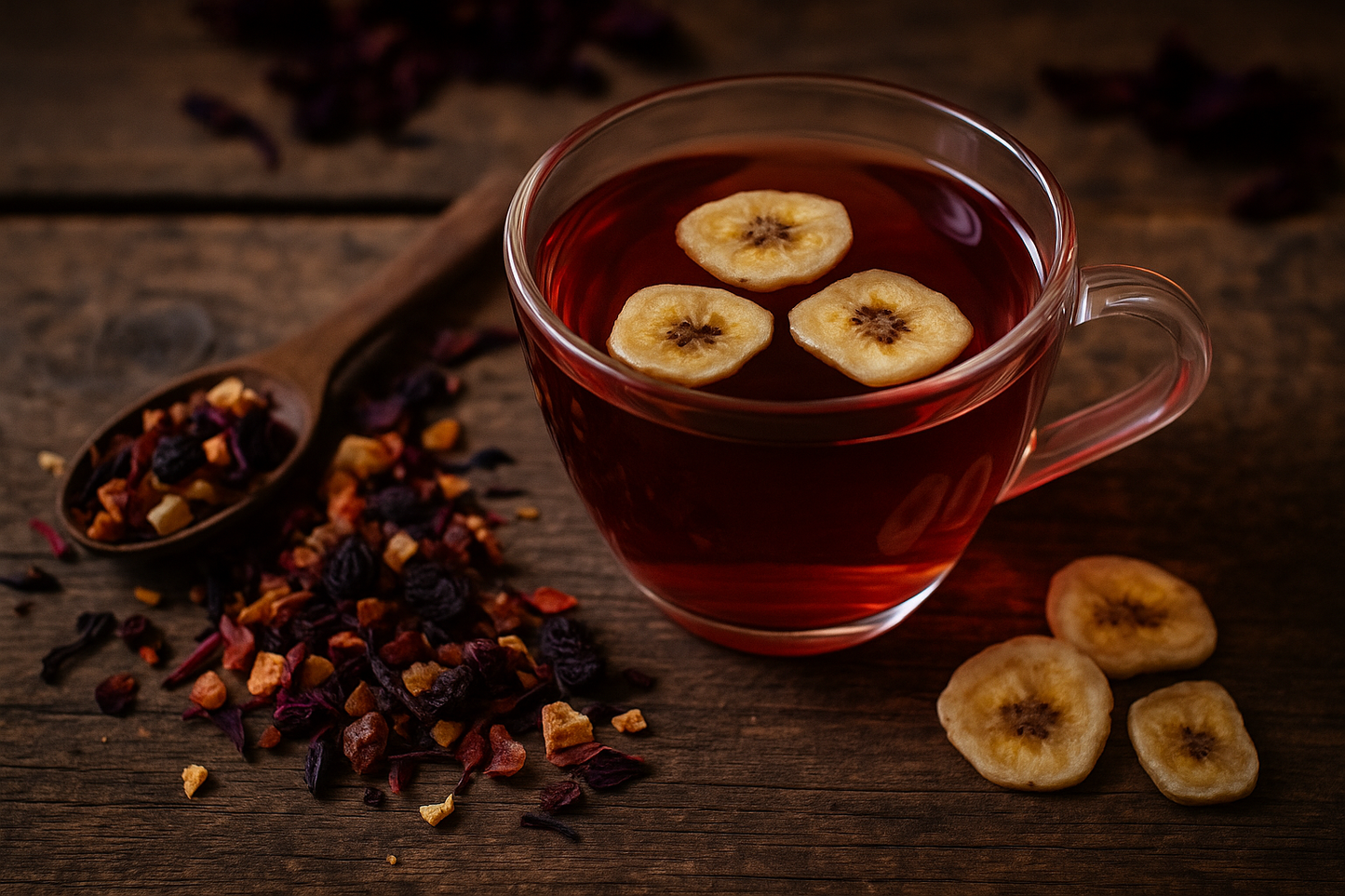 Glas mit rotgoldenem Früchtekörbchen Bio-Tee auf Holzuntergrund, daneben getrocknete Bananenstücke und bunte Bio-Teemischung – fruchtiger Genuss mit natürlicher Vielfalt.
