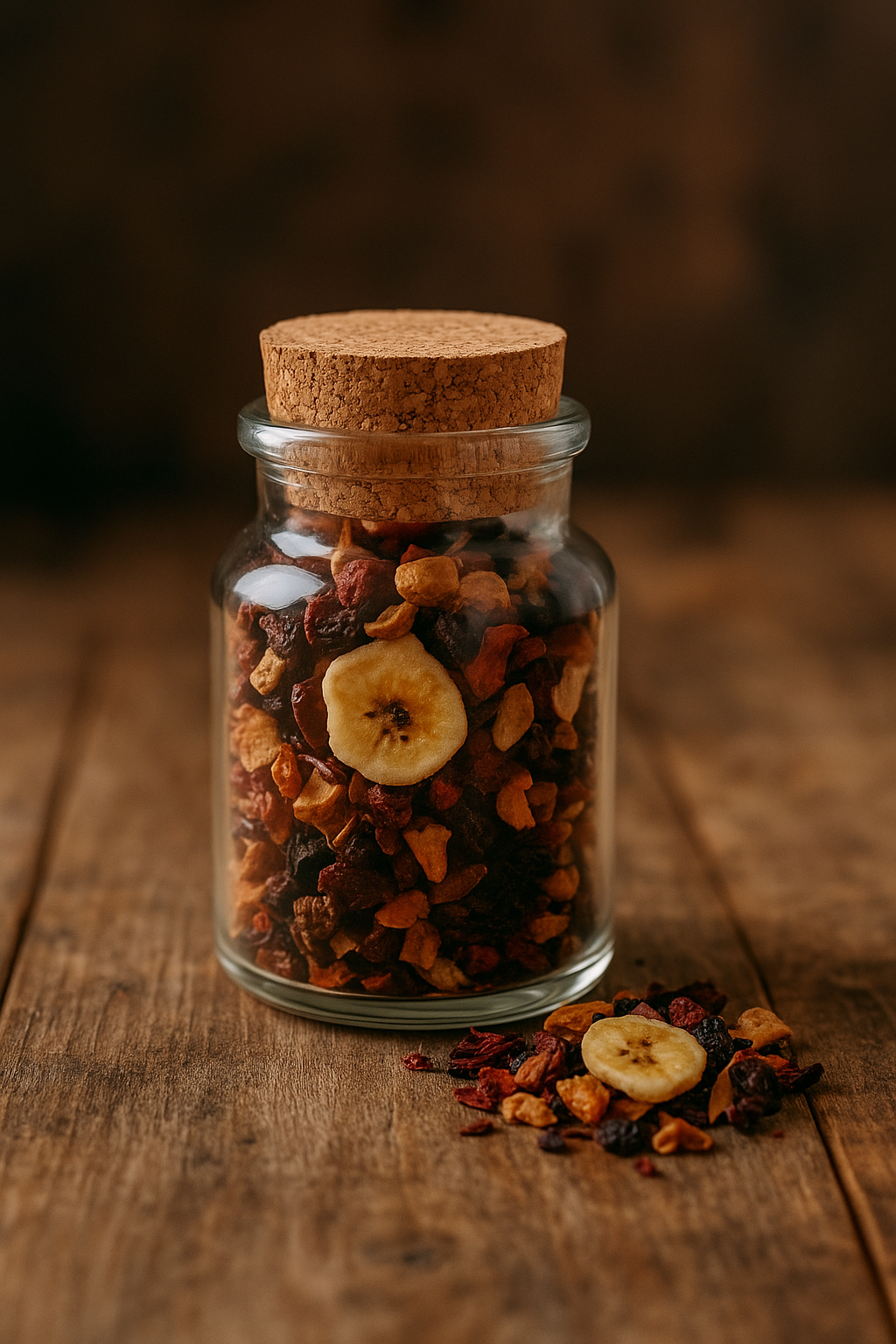 Kleines Glas mit Korkverschluss, gefüllt mit bunter Bio-Teemischung aus Himbeeren, Apfelstücken und Holunderbeeren – fruchtige Teeprobe voller natürlicher Vielfalt.