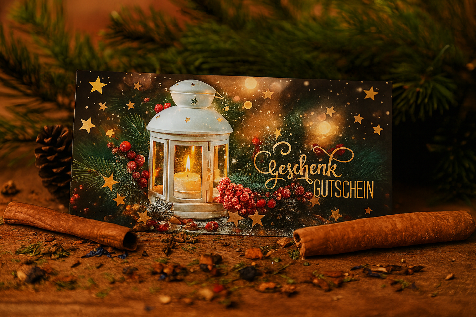 Weihnachtlicher Geschenkgutschein von TeeMagie – festlich dekoriert mit Laterne, Tannenzweigen, roten Beeren, Zimtstangen und goldenen Sternen auf rustikalem Holztisch, warm beleuchtet und stimmungsvoll inszeniert.