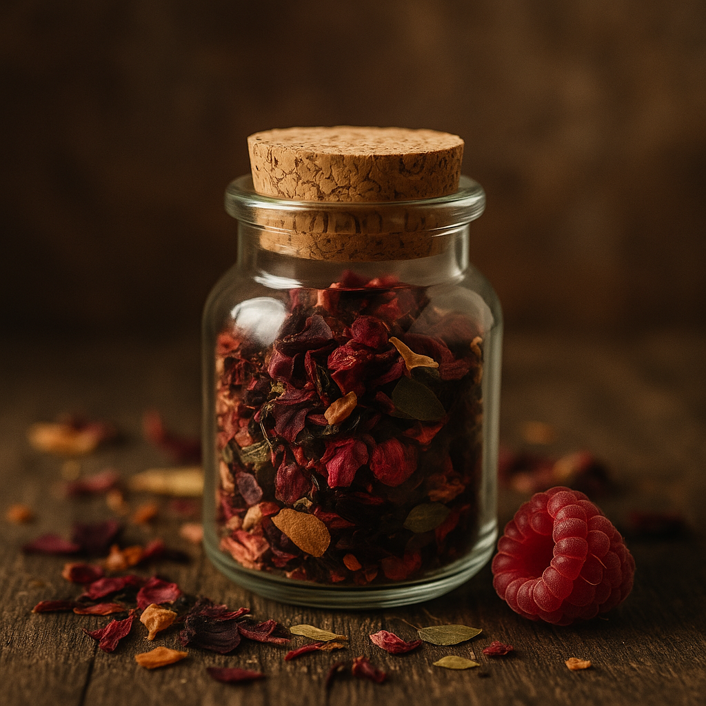 Kleines Glas mit Korken, gefüllt mit rötlicher Bio-Teemischung aus Himbeeren, Hibiskus und Apfelstücken – dekorative Teeprobe mit intensiv fruchtigem Aroma.