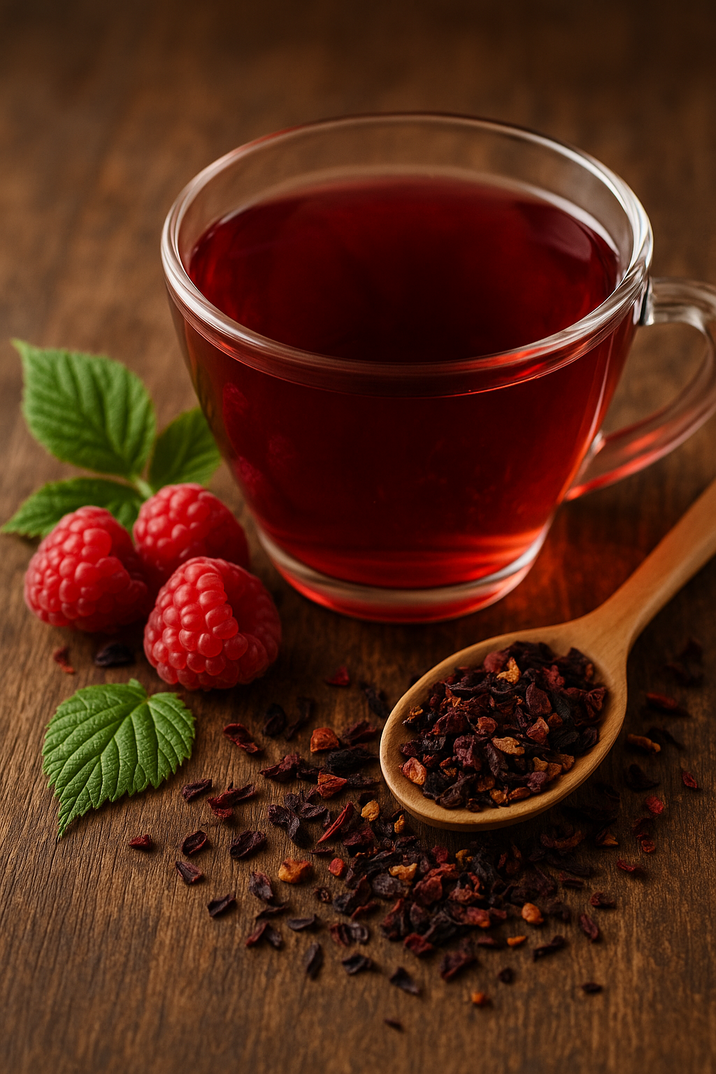 Glas mit tiefrotem Himbeer Bio-Tee auf Holzuntergrund, umgeben von frischen Himbeeren und getrockneter Teemischung mit Hibiskus und Apfelstücken – fruchtig-erfrischender Teegenuss in Bio-Qualität.