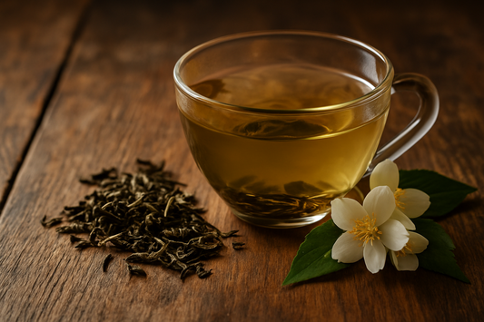Tasse mit hellgelbem Jasmintee auf Holzuntergrund, daneben lose grüne Teeblätter mit feinem Duft – traditionell veredelter Bio-Tee mit natürlichem Jasminaroma.