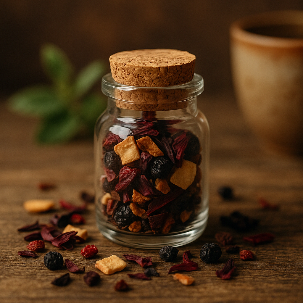 Kleines Glas mit Korken, gefüllt mit farbenfroher Bio-Früchteteemischung aus Apfelstücken, Hibiskus und Bourbon-Vanille – milde Teeprobe für Kinder und Erwachsene.