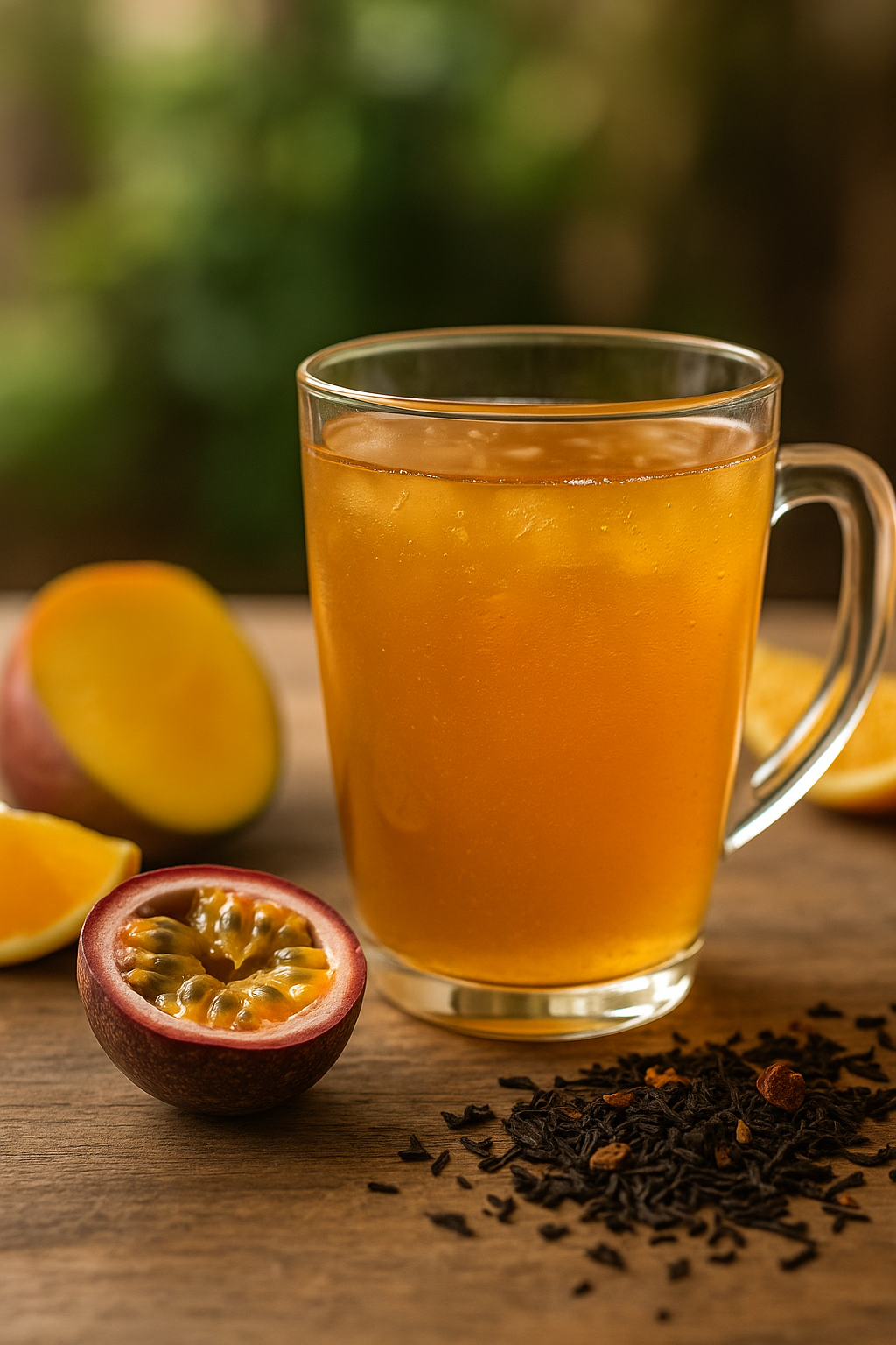 Ein Glas Teeglas mit kalt aufgegossenem Mango-Maracuja-Bio-Tee, serviert mit Eiswürfeln auf einem Holztisch. Im Vordergrund liegen frische Maracuja, Mango, Orangenscheiben und lose Teeblätter.