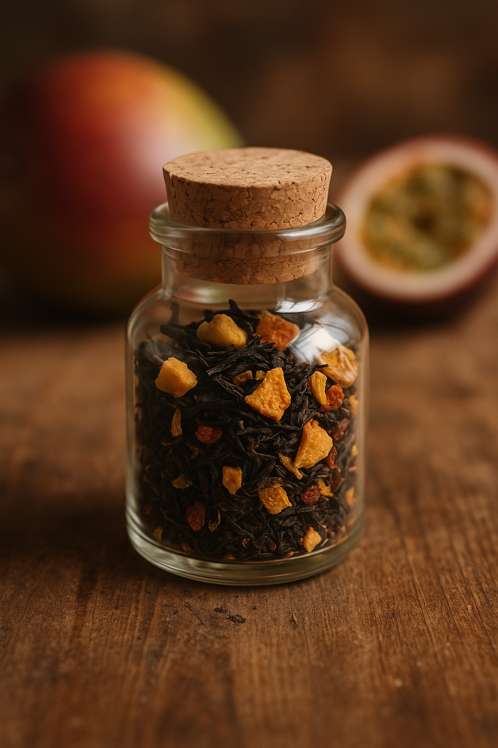 Kleines Glas mit Korken, gefüllt mit losem Mango-Maracuja-Bio-Tee, auf einem Holztisch. Im Hintergrund liegen Mango und Maracuja.