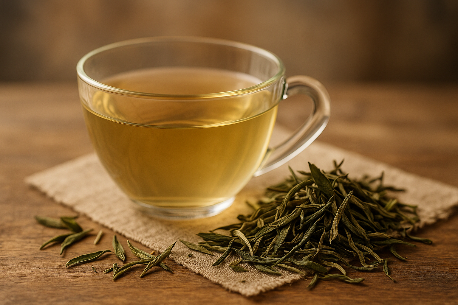 Tasse mit hellgoldenem Mao Feng Bio-Tee auf Holzuntergrund, daneben lose weiße Teeblätter mit silbrigen Tips – florale Weißtee-Rarität aus Yunnan in Bio-Qualität.