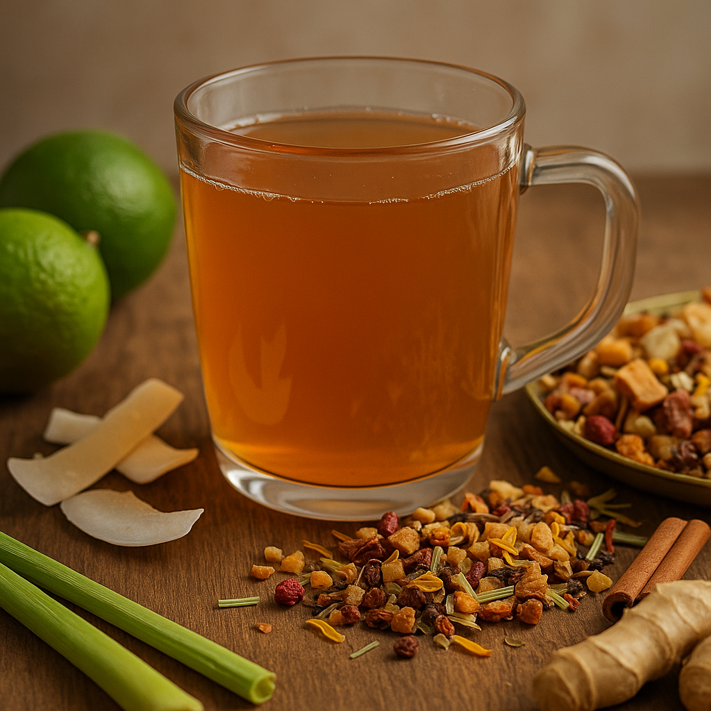 Glas mit bernsteinfarbenem MyThai Bio-Tee auf Holzuntergrund, umgeben von getrockneter Teemischung mit Kokos, Ingwer und tropischen Früchten – exotischer Teegenuss in Bio-Qualität.