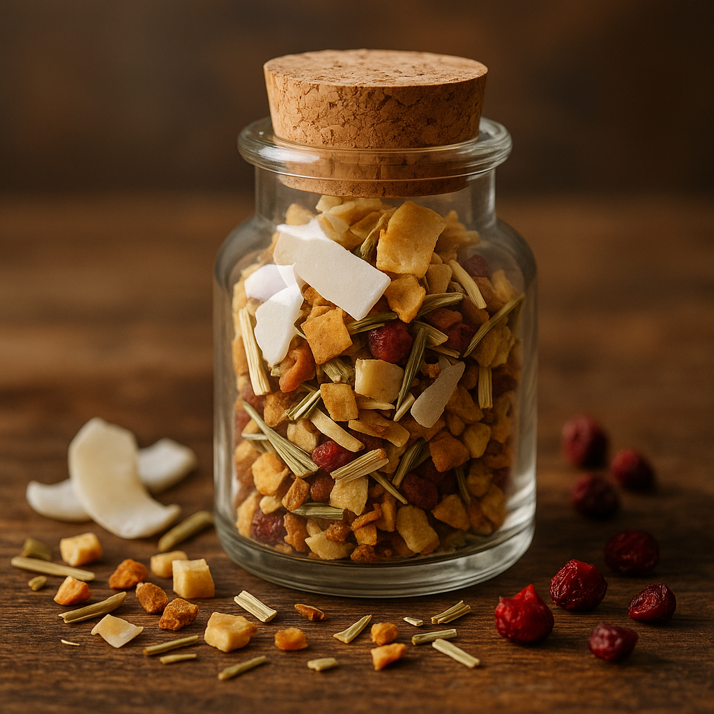 Kleines Glas mit Korken, gefüllt mit bunter Bio-Teemischung aus Apfelstücken, Kokos-Chips und exotischen Gewürzen – tropisch-aromatische Teeprobe mit natürlichem Flair.