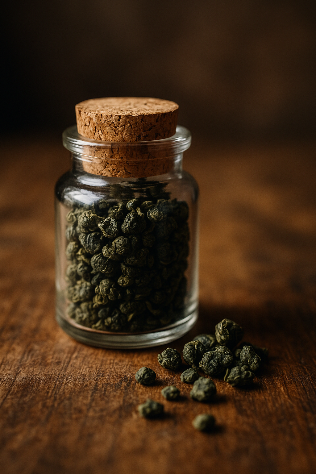 Kleines Glas mit Korken, gefüllt mit smaragdgrünen, handgerollten Oolong-Teeblättern auf Holzuntergrund – edle Teeprobe des China Tie Kuan Yin Biotees in dekorativer Präsentation.