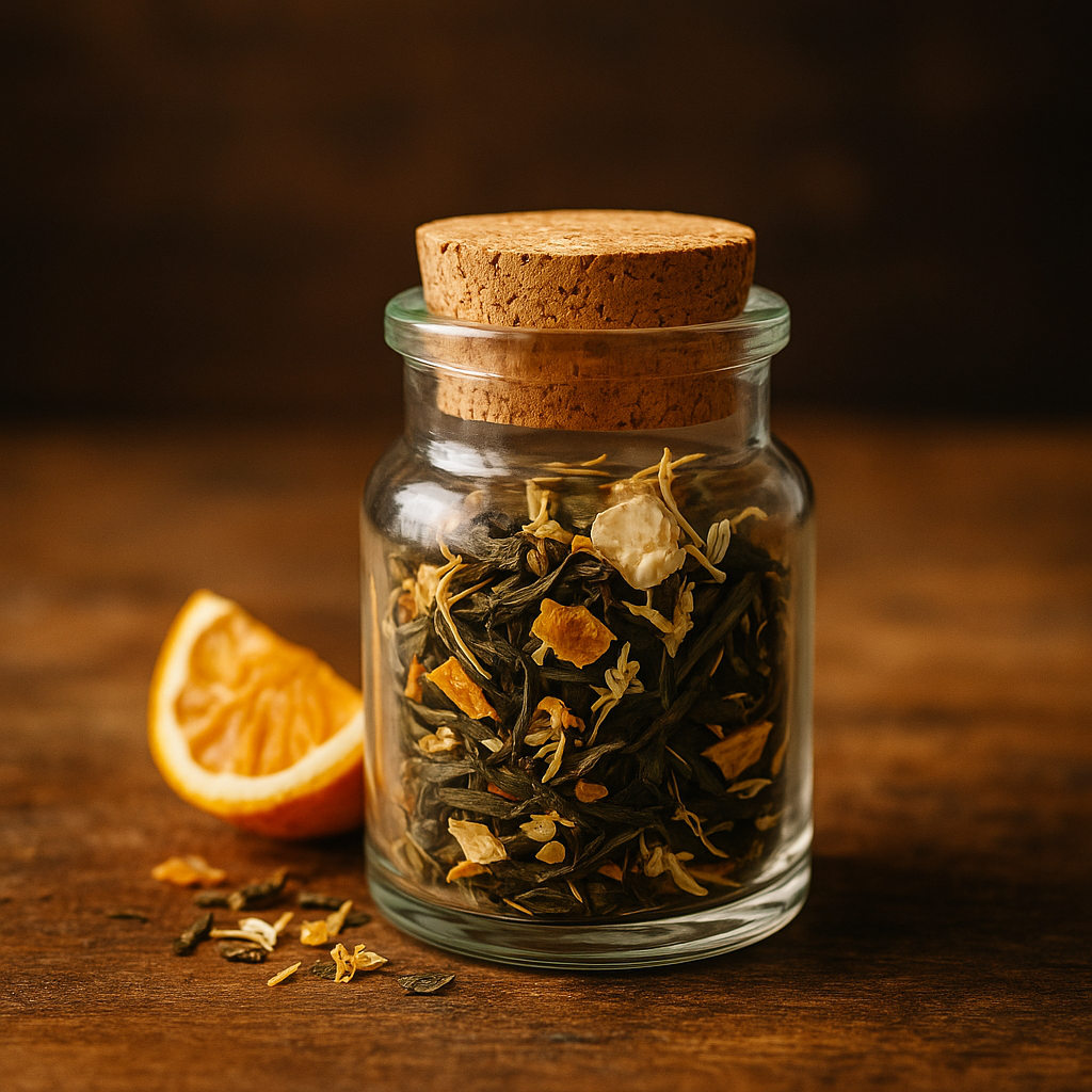 Kleines Glas mit Korken, gefüllt mit bunter Bio-Früchteteemischung aus Apfelstücken, Zitrusschalen und Orangenblüten – dekorative Teeprobe mit fruchtig-zitrusartigem Aroma.