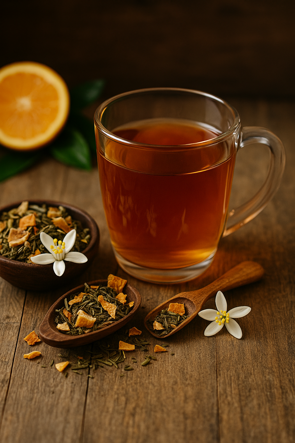 Tasse mit orangefarbenem Orangenblüten-Tee auf Holzuntergrund, daneben getrocknete Früchteteemischung mit Orangenschalen und Blüten – erfrischender Bio-Tee mit natürlichem Zitrusaroma.