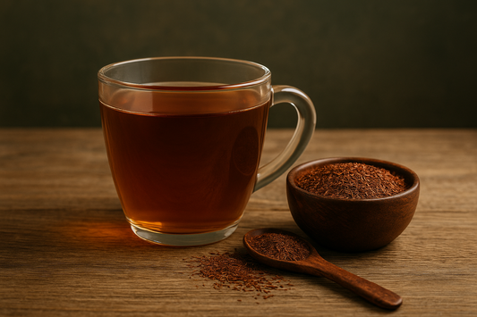 Glas mit kräftig-rotem Rooibos-Tee auf rustikalem Holztisch, daneben eine Holzschale und ein Löffel mit losem Tee – koffeinfreier Bio-Klassiker für die ganze Familie.
