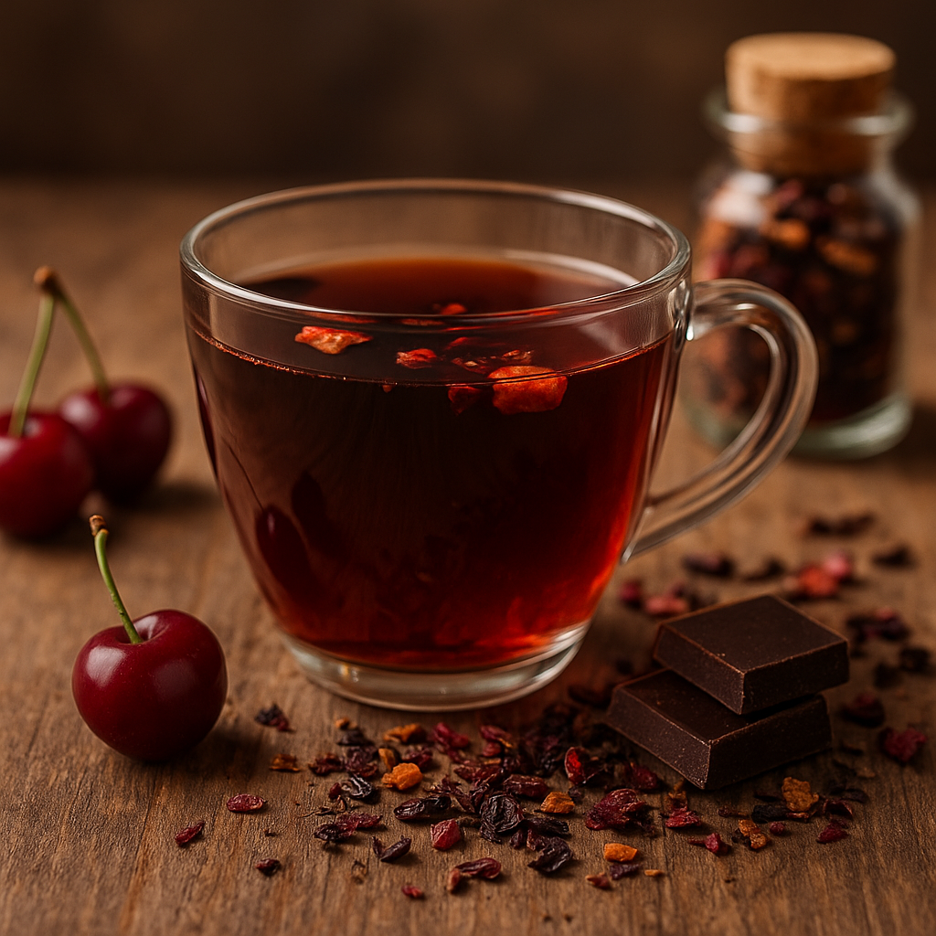 Glas mit dunkelrotem Schoko-Kirsch Bio-Tee auf Holzuntergrund, daneben getrocknete Kakaokerne, Sauerkirschen und Hibiskus – aromatischer Bio-Tee mit schokoladig-fruchtiger Note.