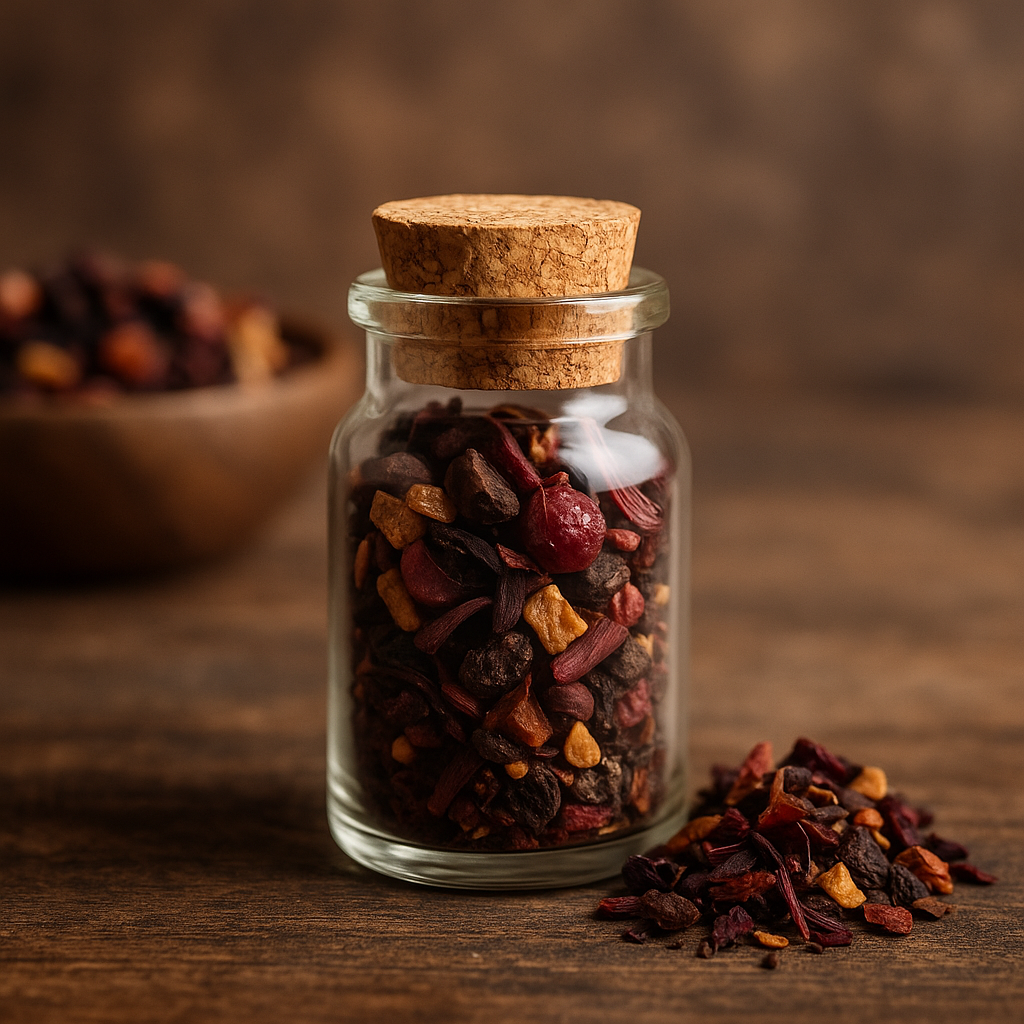 Kleines Glas mit Korken, gefüllt mit dunkler Bio-Teemischung aus Kakaokernen, Hibiskus und Sauerkirschen – dekorative Teeprobe mit fruchtig-schokoladigem Aroma.