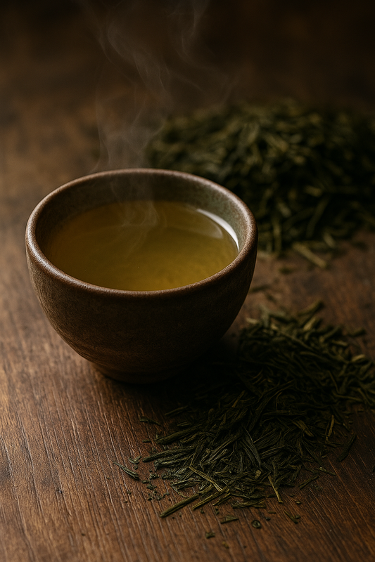 Tasse mit hellgelbem China Sencha Bio-Tee auf Holzuntergrund, daneben lose grüne Teeblätter mit flacher Struktur – mild-aromatischer Grüntee aus traditioneller Steaming-Methode.