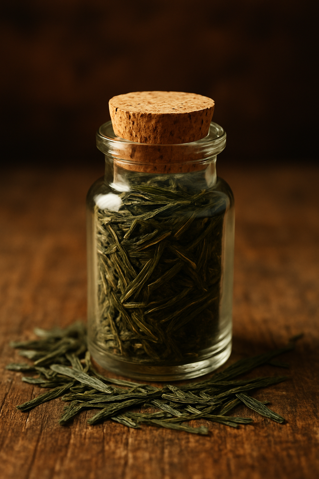 Kleines Glas mit Korken, gefüllt mit flach gepressten, hellgrünen Sencha-Teeblättern, auf rustikalem Holztisch arrangiert – natürliche Bio-Teeprobe in stimmungsvoller Beleuchtung.