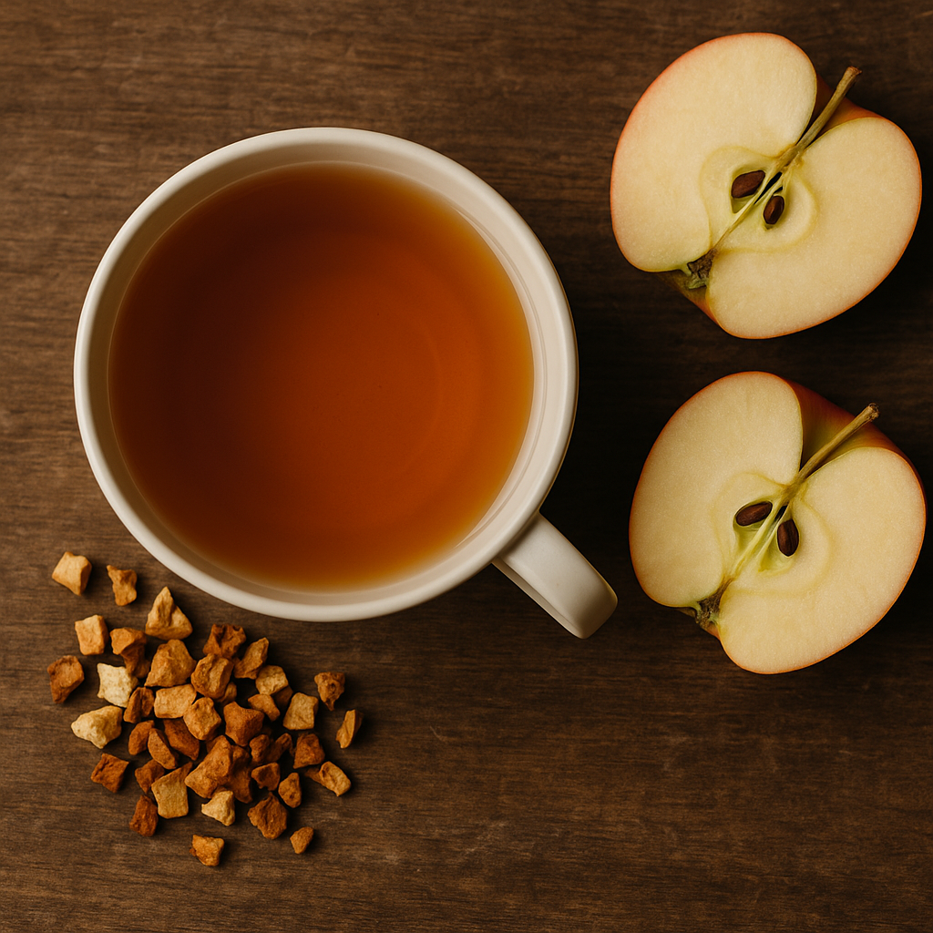 Tasse mit goldfarbenem Apfeltee auf Holztisch, daneben Apfelhälften mit roter Schale und getrocknete Apfelstücke – fruchtiger Bio-Früchtetee mit natürlichem Apfelaroma.