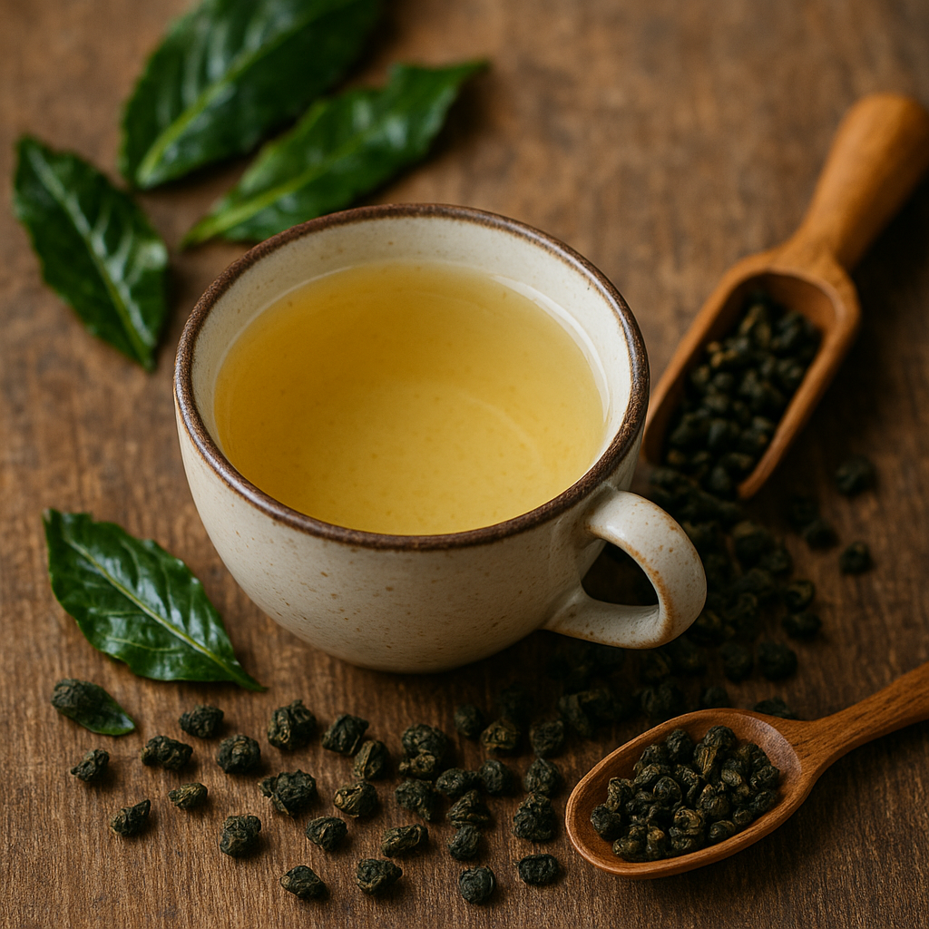 Tasse mit blass-goldenem Oolong-Tee auf Holzuntergrund, umgeben von smaragdgrünen, handgerollten Teeblättern und einem Holzlöffel – edler China Tie Kuan Yin Biotee aus Fujian.