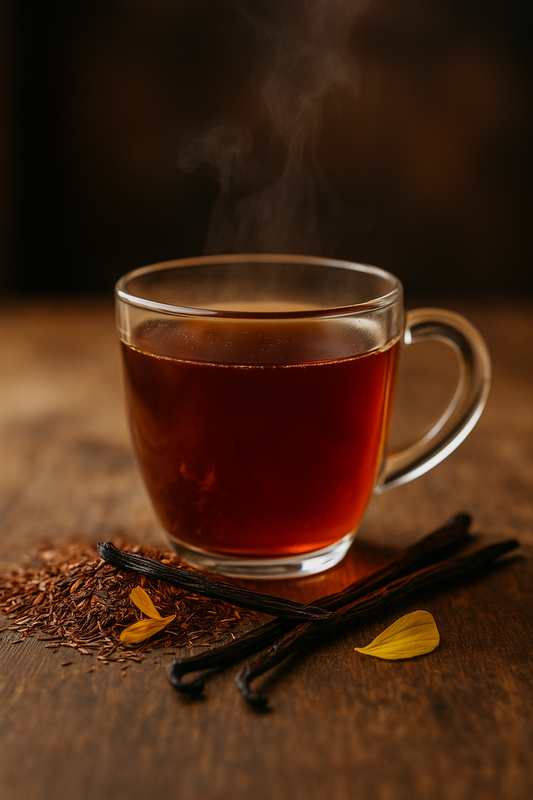 Tasse mit rotgoldenem Rooibos-Vanille Bio-Tee auf Holzuntergrund, daneben lose Teemischung mit Ringelblumen und Vanillestückchen – sanfter, aromatischer Genuss in Bio-Qualität.