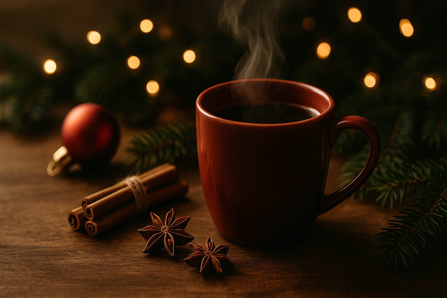 Stimmungsvolles Weihnachtsmotiv mit einer dampfenden roten Teetasse auf einem Holztisch, umgeben von Zimtstangen, Sternanis, Tannenzweigen und warm leuchtenden Lichterketten – ein festlicher Moment der Ruhe und Geborgenheit.