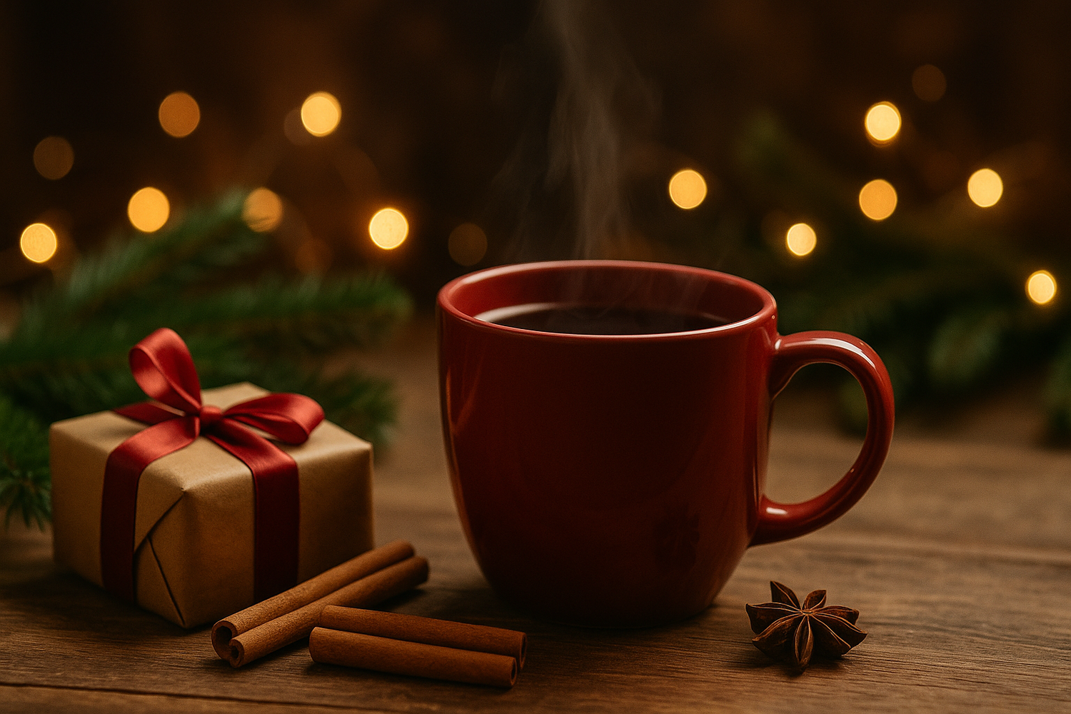 Stimmungsvolles Weihnachtsmotiv mit einer dampfenden roten Teetasse auf einem Holztisch, daneben ein Geschenk mit roter Schleife, Zimtstangen, Sternanis und Tannenzweige – warme Lichter im Hintergrund schaffen eine festliche, achtsame Atmosphäre.