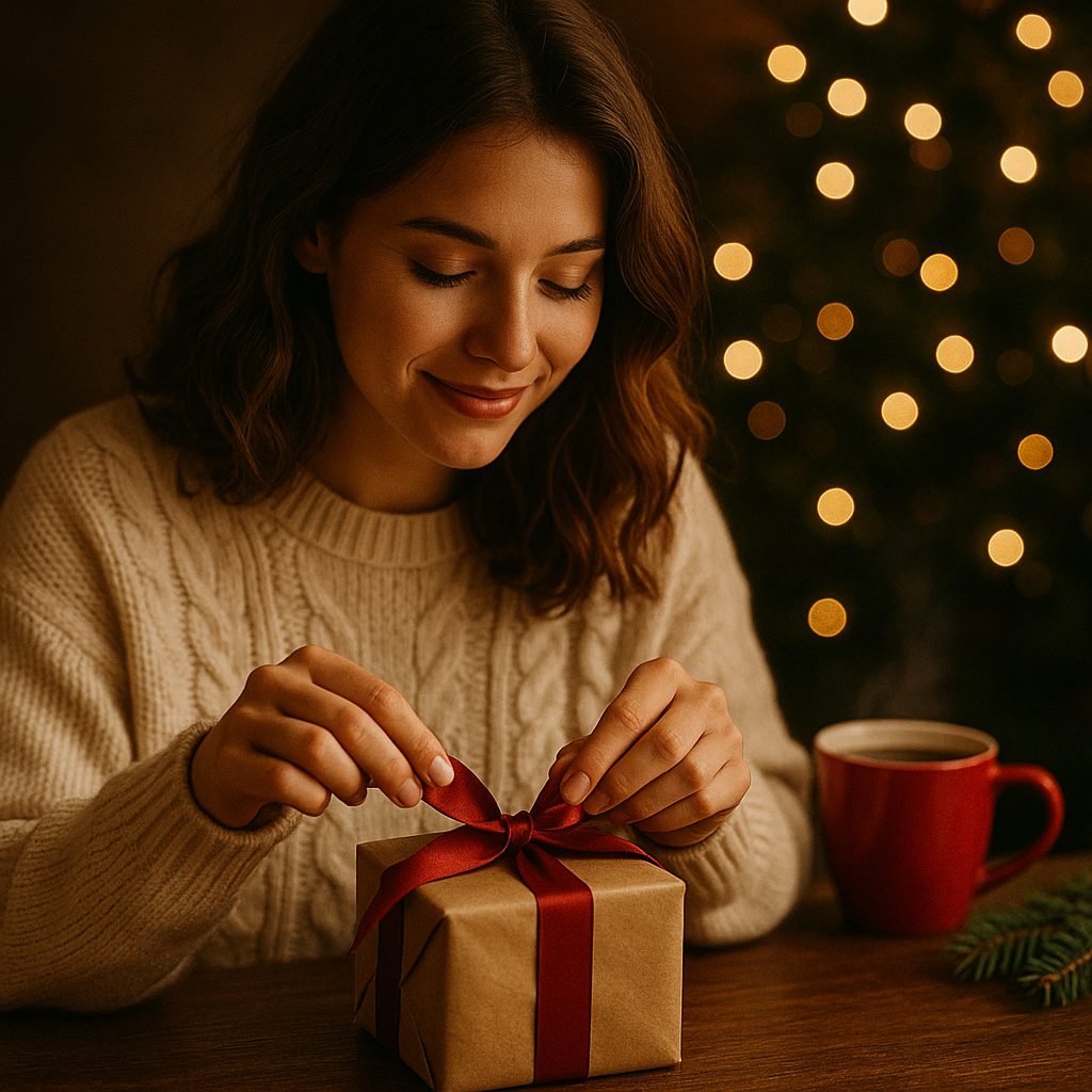 Junge Frau in cremefarbenem Strickpullover öffnet liebevoll ein Weihnachtsgeschenk mit roter Schleife, während im Hintergrund eine dampfende rote Teetasse und warme Lichter für eine gemütliche, festliche Stimmung sorgen.