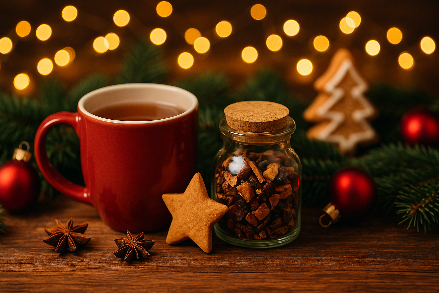 Weihnachtliches Bannerbild mit roter Teetasse, Glas mit Bratapfel-Tee, Sternanis, Tannenzweigen, Zimtsternen und goldenen Lichterketten – festliche Teestimmung für die TeeMagie Weihnachtskollektion auf rustikalem Holztisch.