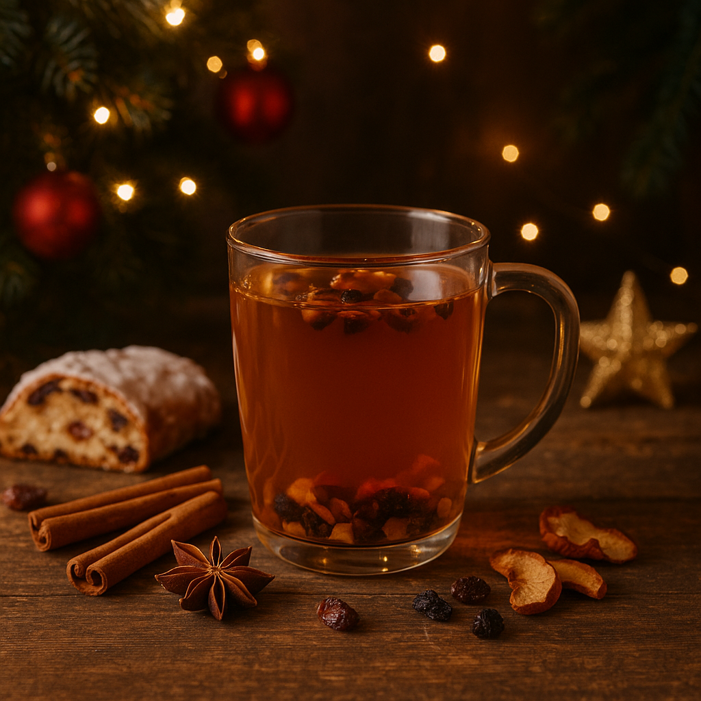 Weihnachtlicher Bio-Weihnachtsstollen Tee in einem klaren Teeglas, umgeben von Zimtstangen, Trockenfrüchten und warmem Lichterbokeh – stimmungsvolle Winteratmosphäre für TeeMagie.