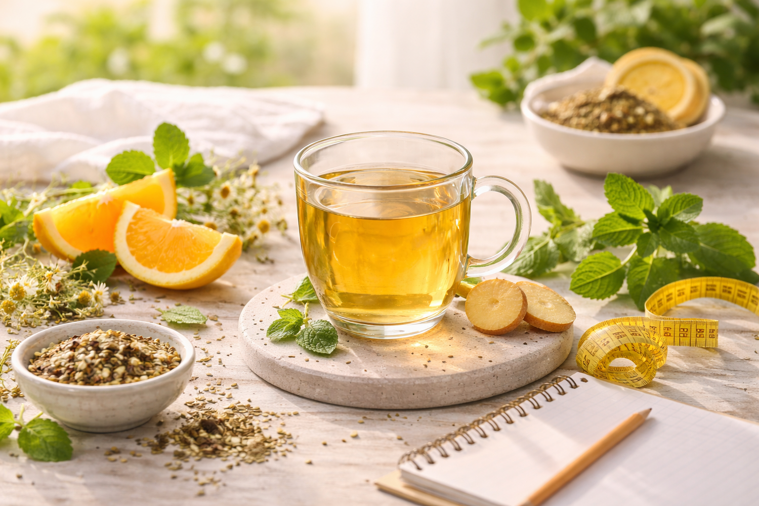 Warme Tasse Kräutertee auf hellem Tisch, umgeben von frischer Minze, Ingwer, Zitrusfrüchten und Teekräutern – symbolisch für bewusste Rituale, Sättigungsgefühl und natürliche Unterstützung beim Abnehmen.