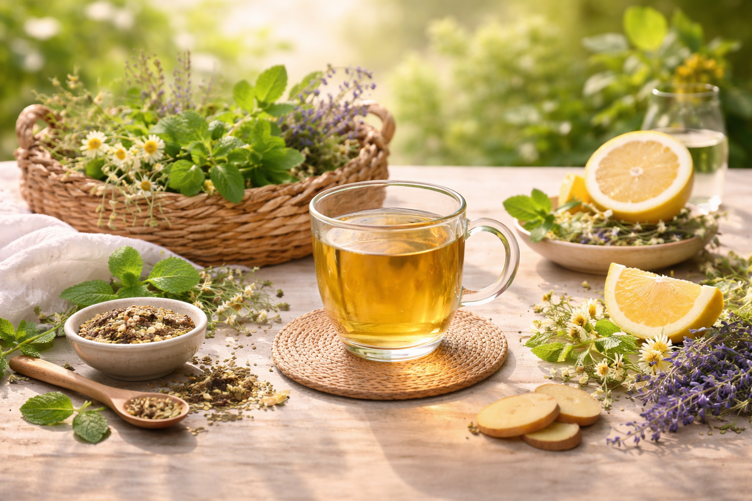 Glas mit warmem Kräutertee auf Holztisch, umgeben von frischen Kräutern, Zitronen und getrockneten Pflanzen – symbolisch für natürliche, zuckerfreie Begleitung ohne künstliche Zusätze während Fastenzeit und bewusstem Alltag.