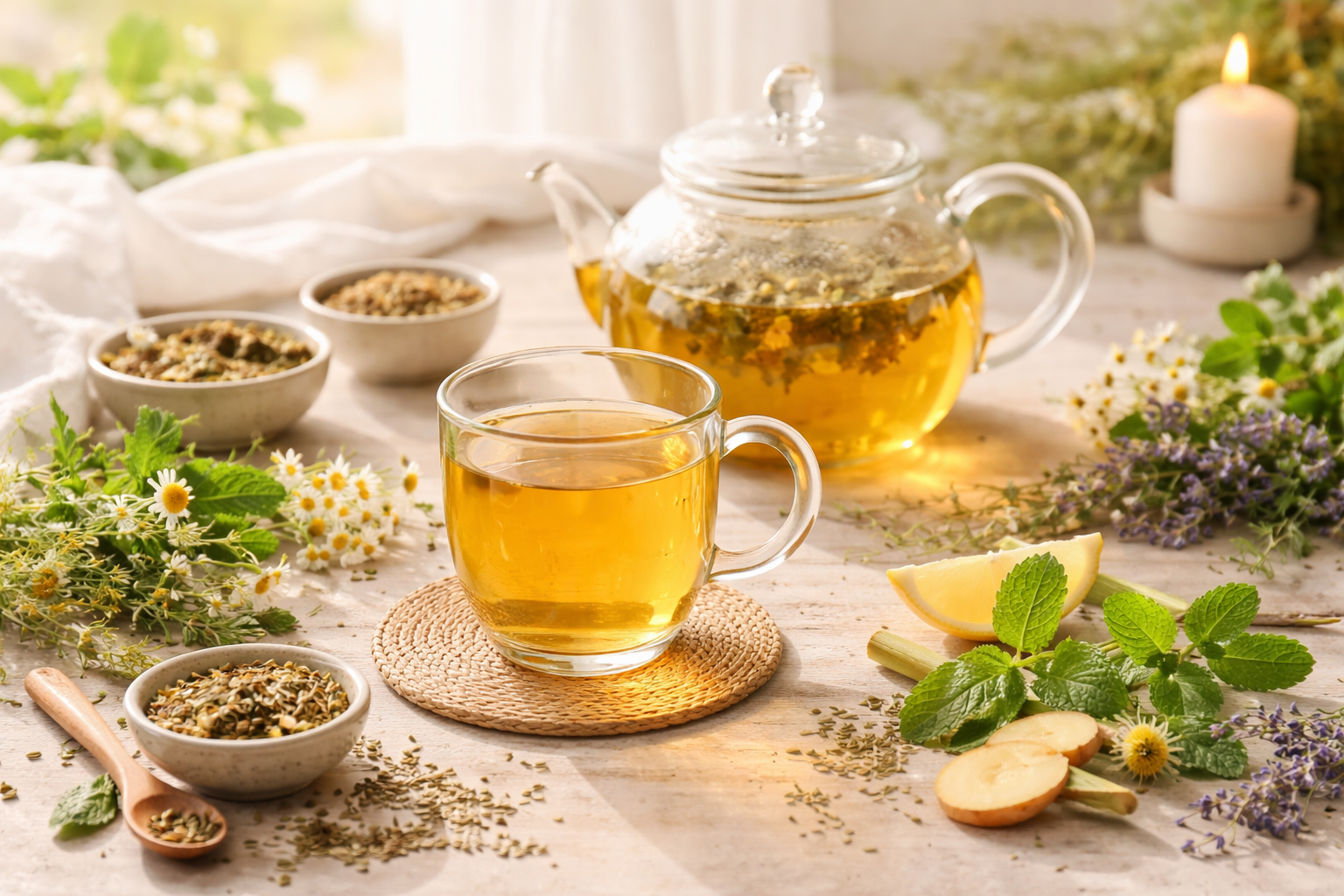 Warme Tasse Kräutertee mit frischen Kräutern auf hellem Holztisch in ruhiger, natürlicher Atmosphäre – symbolisch für Fastenzeit, Balance und bewussten Neuanfang