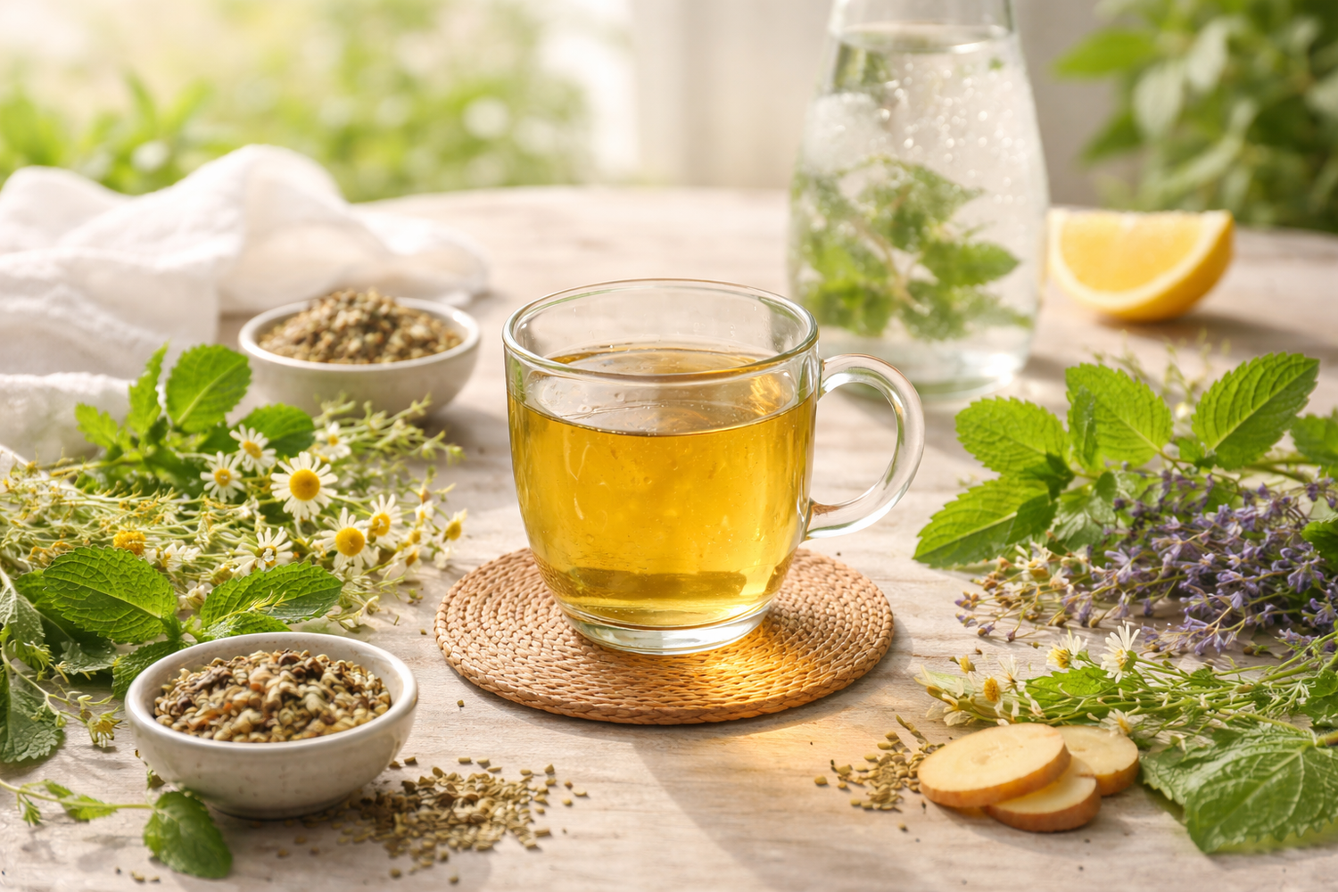 Warme Tasse Kräutertee auf hellem Holztisch, umgeben von frischen Kräutern und Zitronen, symbolisch für Flüssigkeitszufuhr, Stoffwechsel und natürliche Unterstützung während der Fastenzeit.