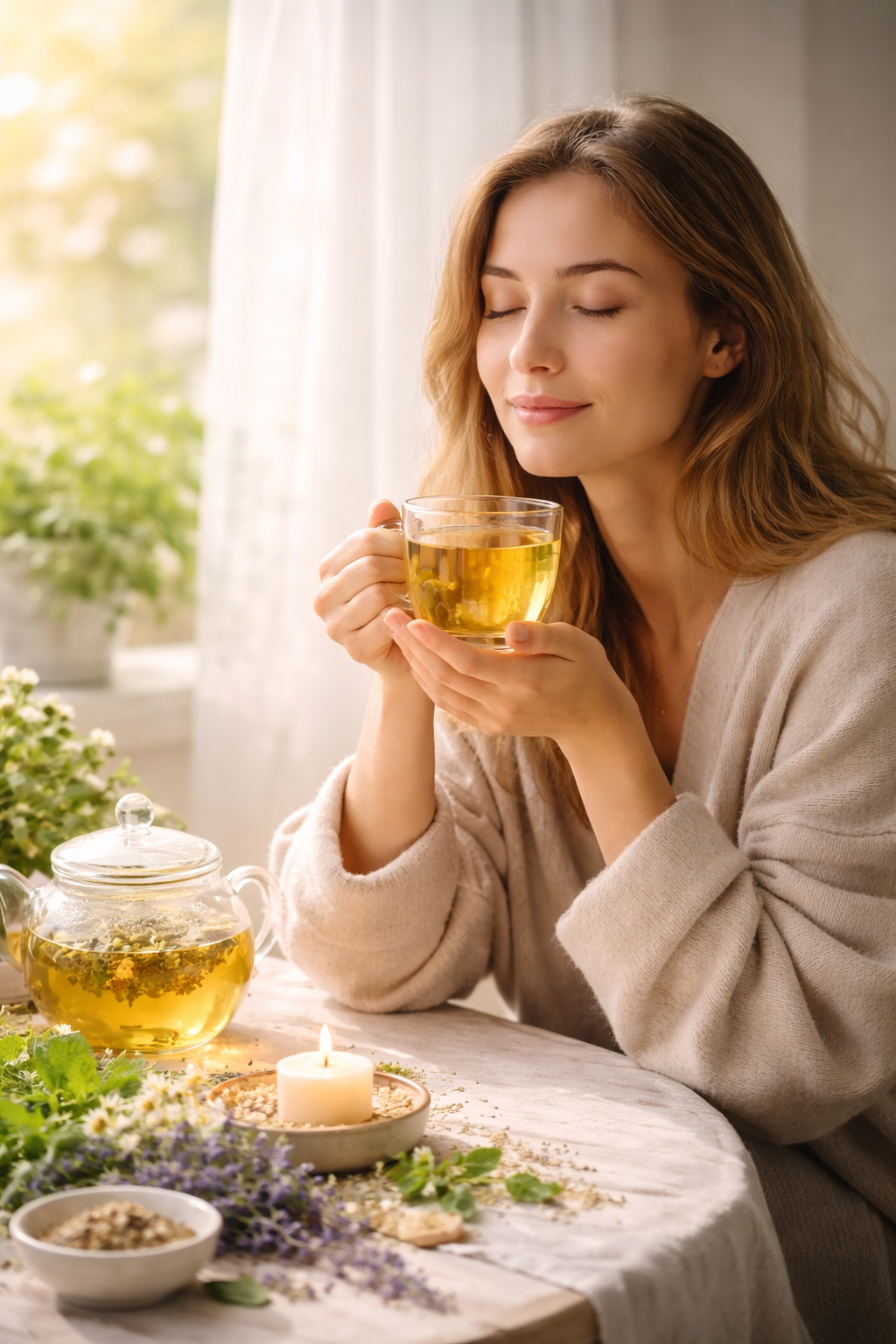 Frau sitzt entspannt am Fenster und hält eine warme Tasse Kräutertee in den Händen, umgeben von sanftem Licht, Kerze und Kräutern – symbolisch für Ruhe, Stressabbau und mentale Balance während der Fastenzeit.